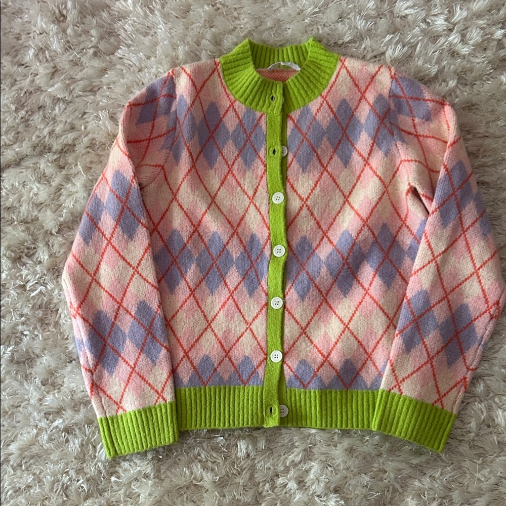 THML Pink and Lavender Argyle Button-Front Cardigan with Lime Trim